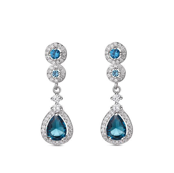 Rhodium Plated Silver Earrings with Chatons and a Blue Drop